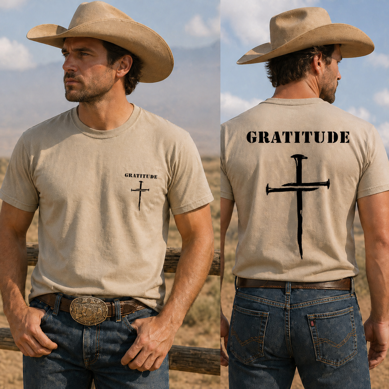 Short sleeve white Bamboo Ultra Soft T-shirt Gratitude with Nail Cross logo.