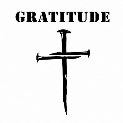 Short sleeve white Bamboo Ultra Soft T-shirt Gratitude with Nail Cross logo.