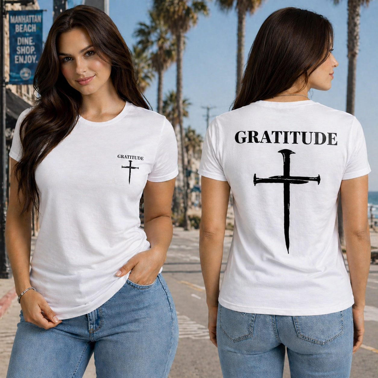 Short sleeve white Bamboo Ultra Soft T-shirt Gratitude with Nail Cross logo.