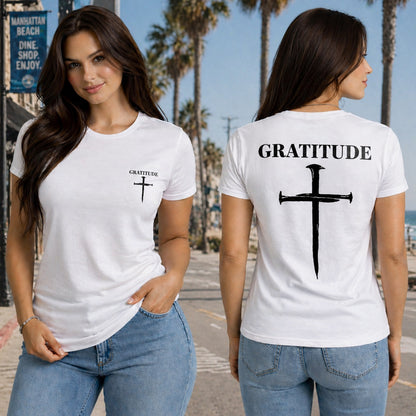 Short sleeve white Bamboo Ultra Soft T-shirt Gratitude with Nail Cross logo.