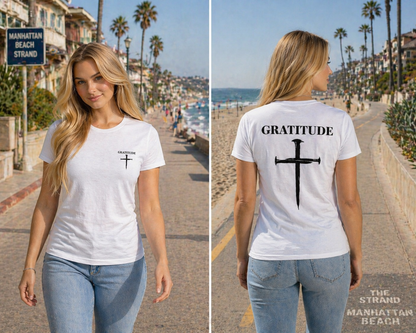 Short sleeve white Bamboo Ultra Soft T-shirt Gratitude with Nail Cross logo.